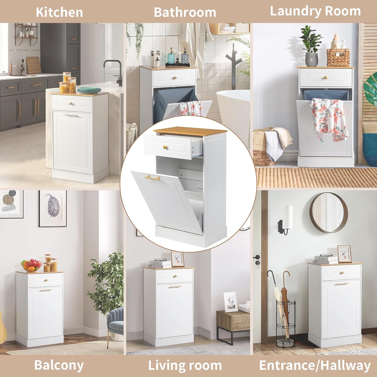 White Tilt Out Laundry Hamper Cabinet with Drawer K152510