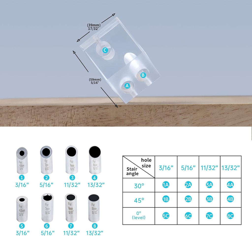 Drill Guide for Cable Railing, Portable Multi-Angle Jig, Hole Size from 3/16" to 3/8" R882188