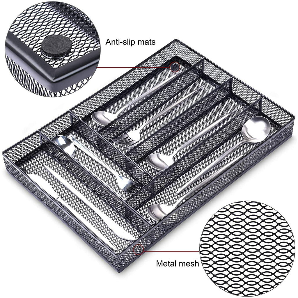 Black Metal Mesh Kitchen Flatware Organizer Tray with Non Slip Mat N8456