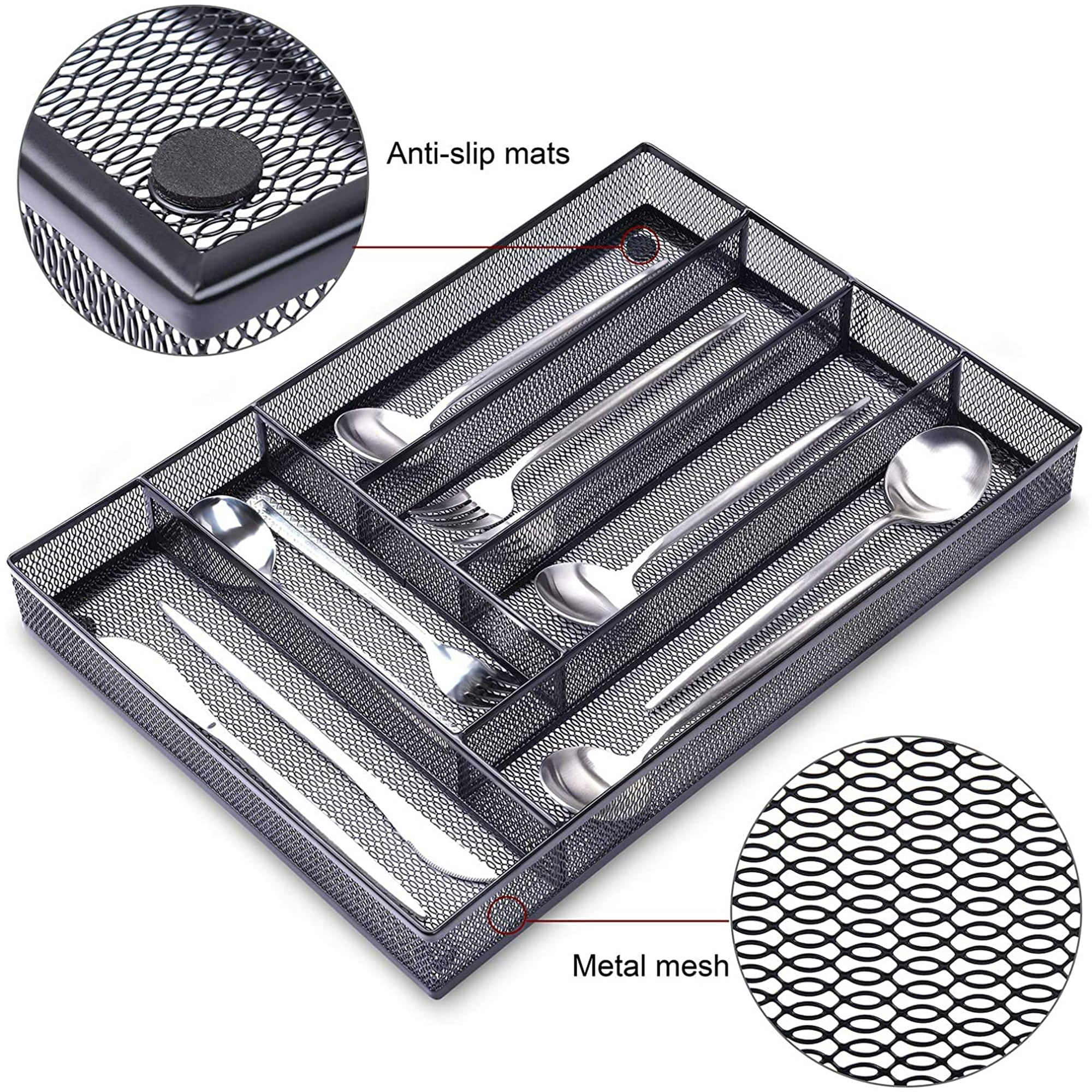 Black Metal Mesh Kitchen Flatware Organizer Tray with Non Slip Mat N8456