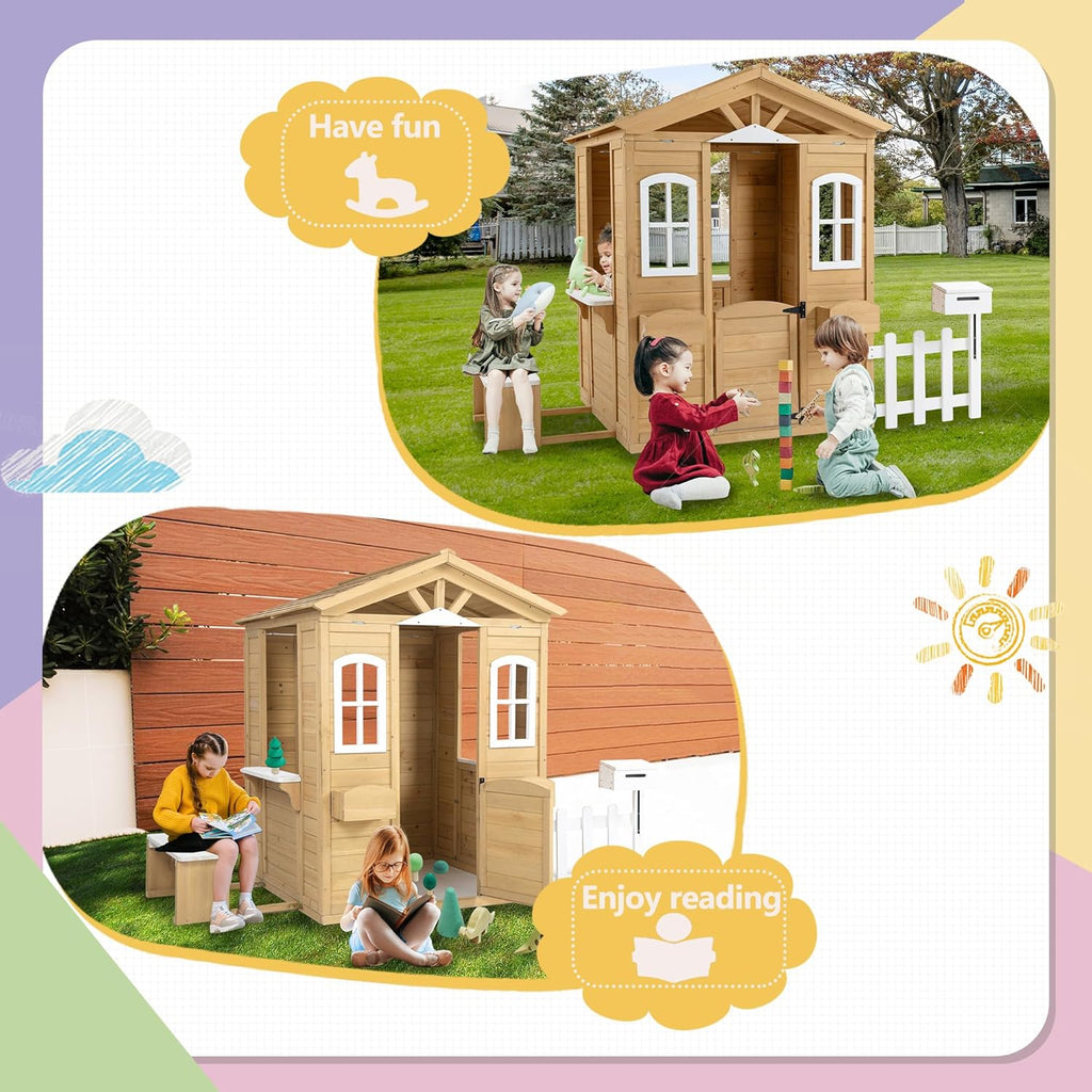 Wooden Playhouse with Door, Windows, Mailbox, Bench, Flowers Pot Holder, 39" x 38" x 55.5" N89446