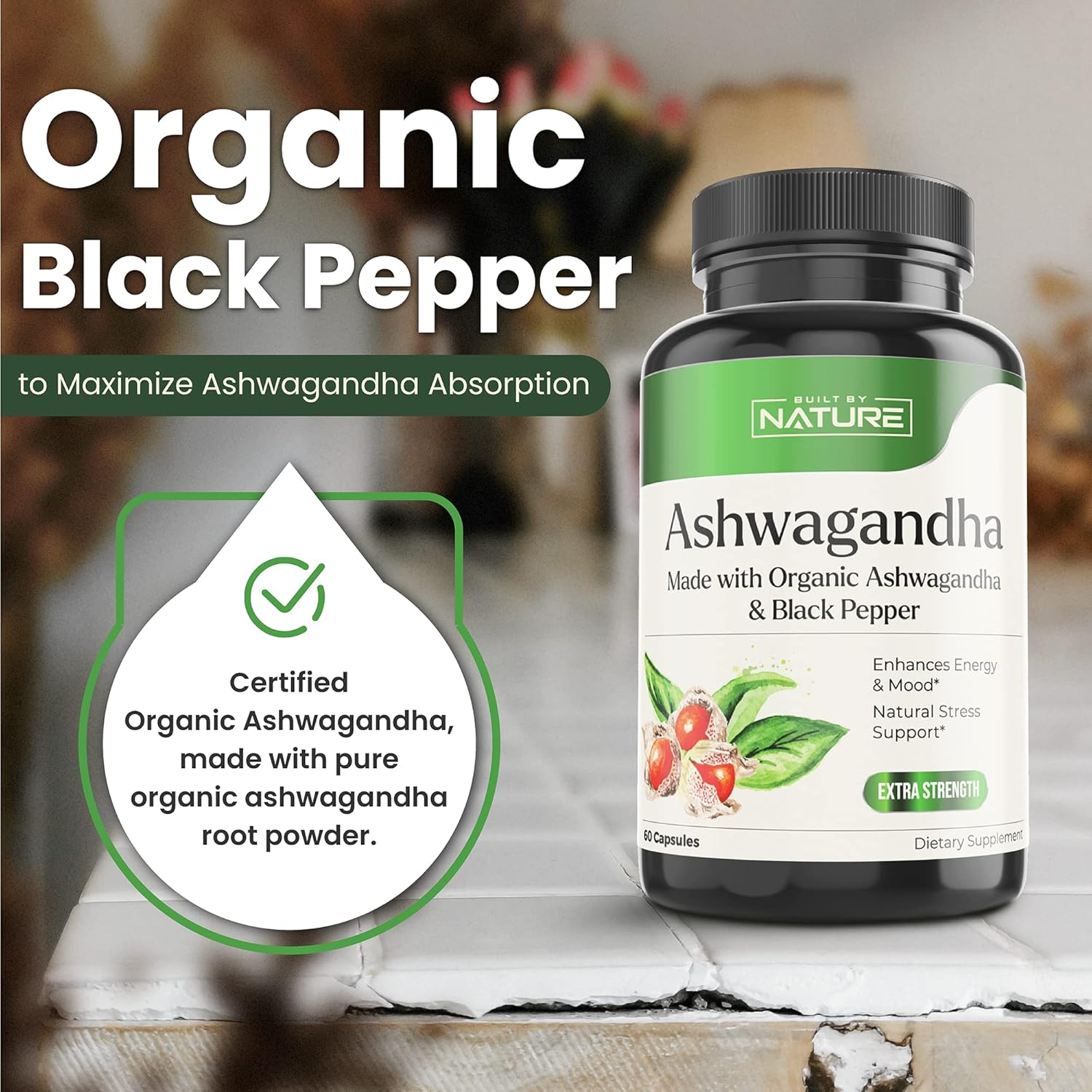 Pure Organic Ashwagandha Powder Supplement, 60 Vegan Capsules W40337