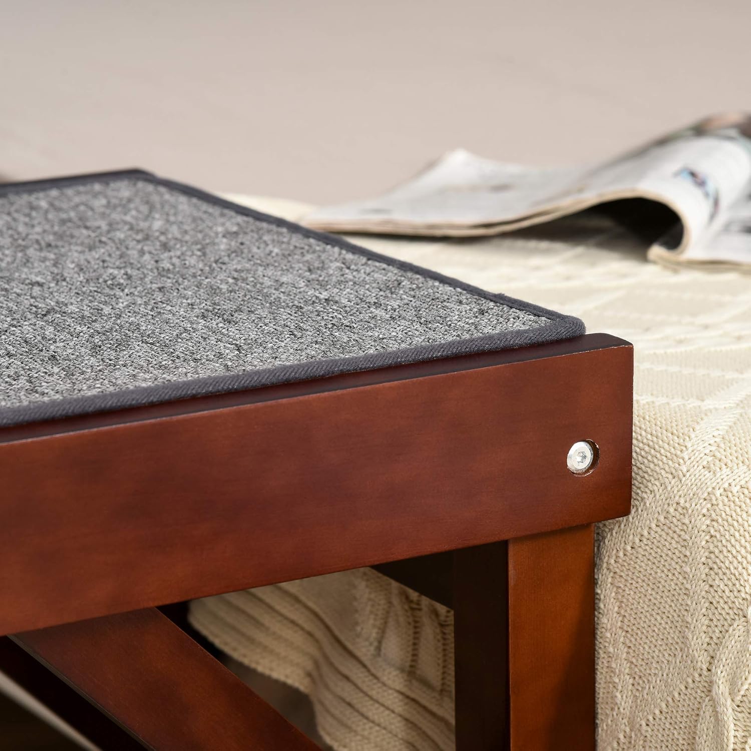 Non-Slip Carpet Top Pine Wood Pet Ramp, Brown Grey G7234