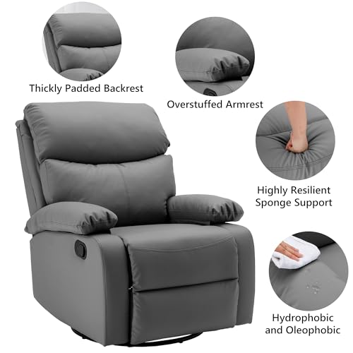 Genuine Leather Swivel Rocker Recliner Chair, Dark Grey S423208