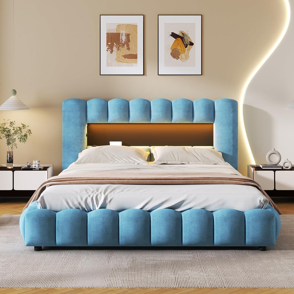 Queen Size Upholstered Storage Bed Frame with LED Headboard S8954