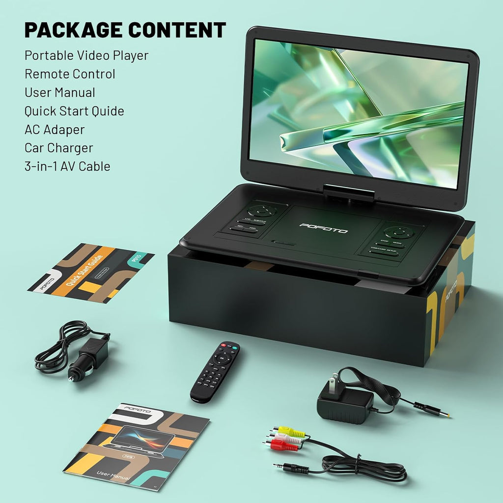 17.5” Portable DVD Player with 15.6” HD Screen, 6 Hours Rechargeable Battery, Dual Speakers, Remote Control, Black H3342