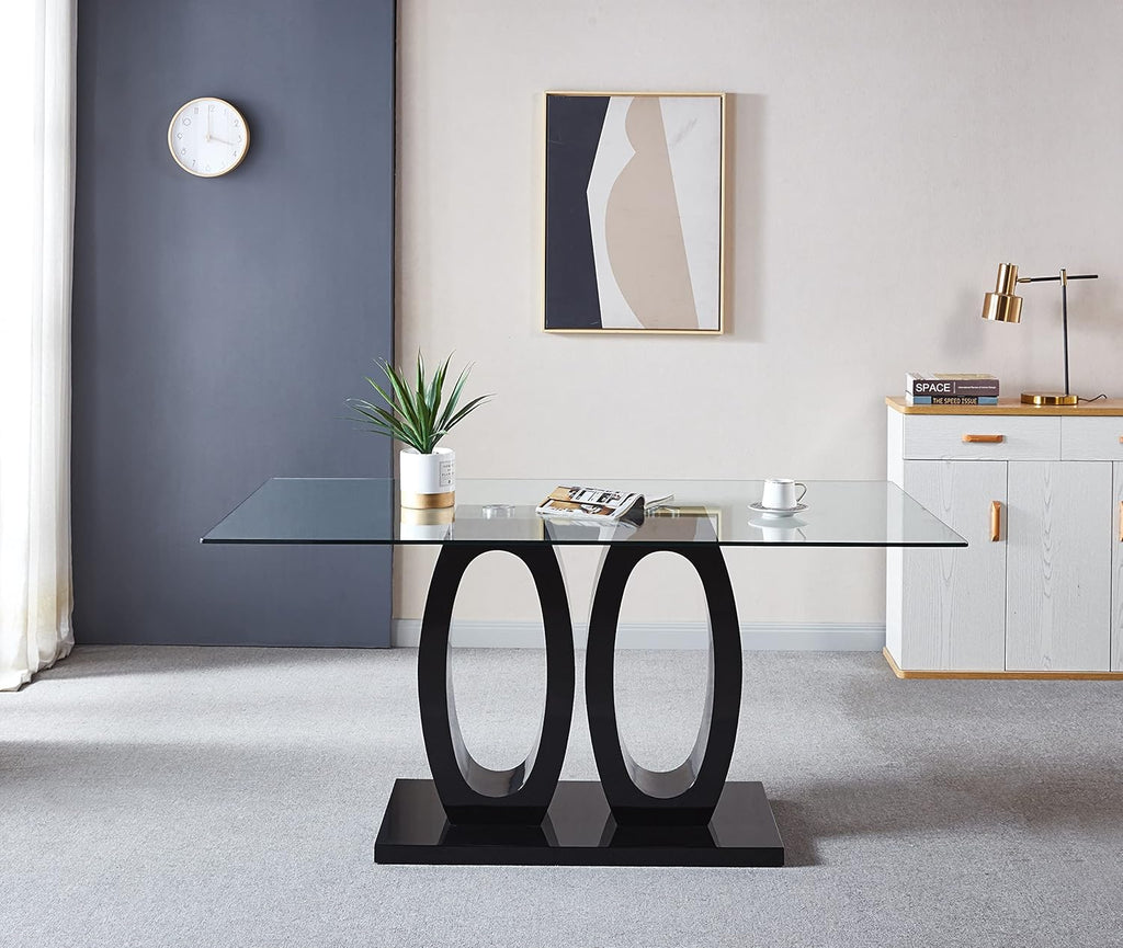 Rectangular Tempered Glass Dining Table with Double O-Shape Pedestal F698113