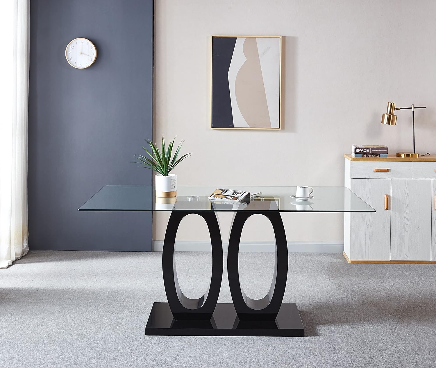 Rectangular Tempered Glass Dining Table with Double O-Shape Pedestal F698113