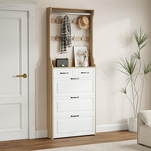 Rustic White Wooden Hall Tree with 5 Coat Hooks and 2 Shoes Cabinets G727545