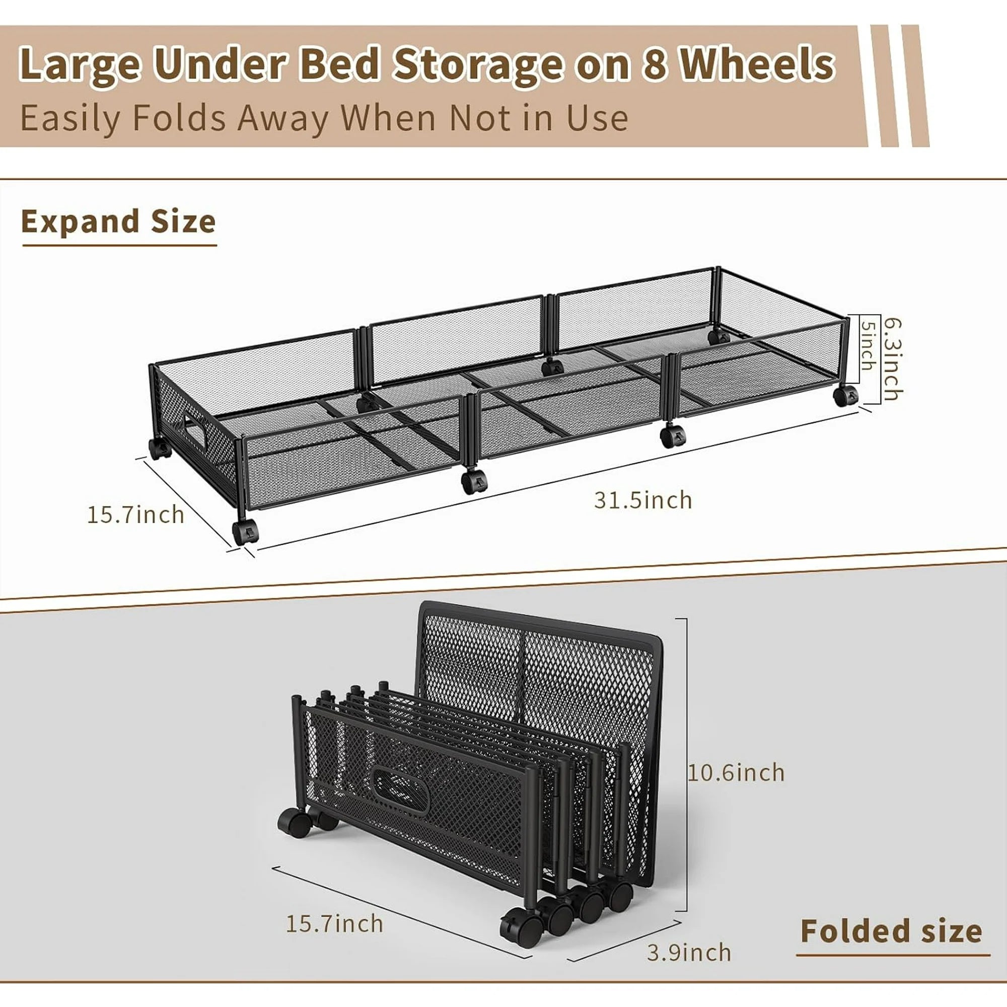 Under Bed Storage on Wheels, Large Capacity Rolling Under the Bed Storage Containers, Foldable Drawers V8047