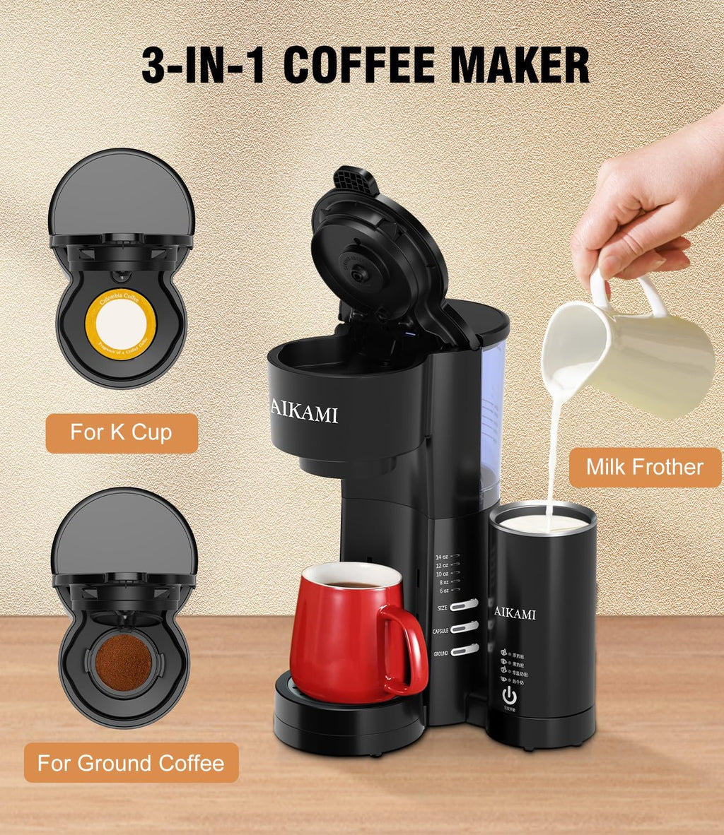 Single Serve Coffee Maker with Milk Frother, 6 to 14 Oz Brew Sizes, Clear Water Reservoir G9405