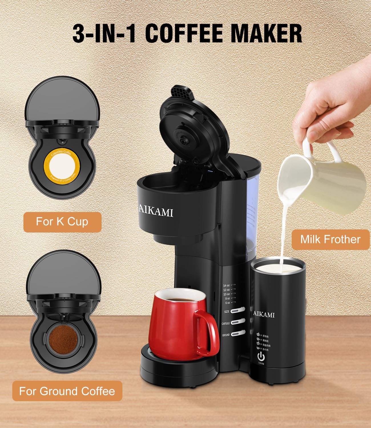 Single Serve Coffee Maker with Milk Frother, 6 to 14 Oz Brew Sizes, Clear Water Reservoir G9405