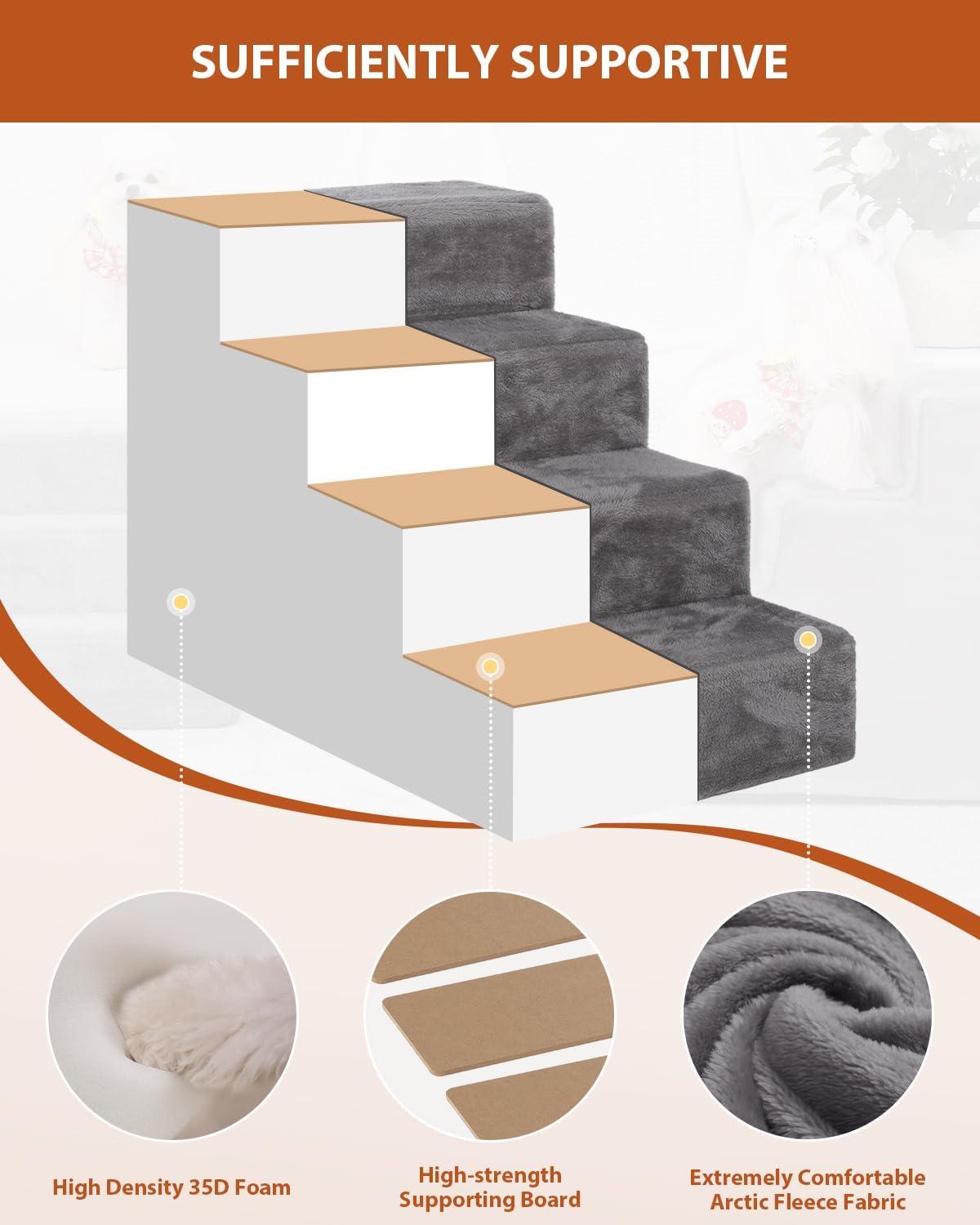 22.5’’ 5-Step Grey Pet Stairs with Non-Slip Bottom and High-Density Foam N706963
