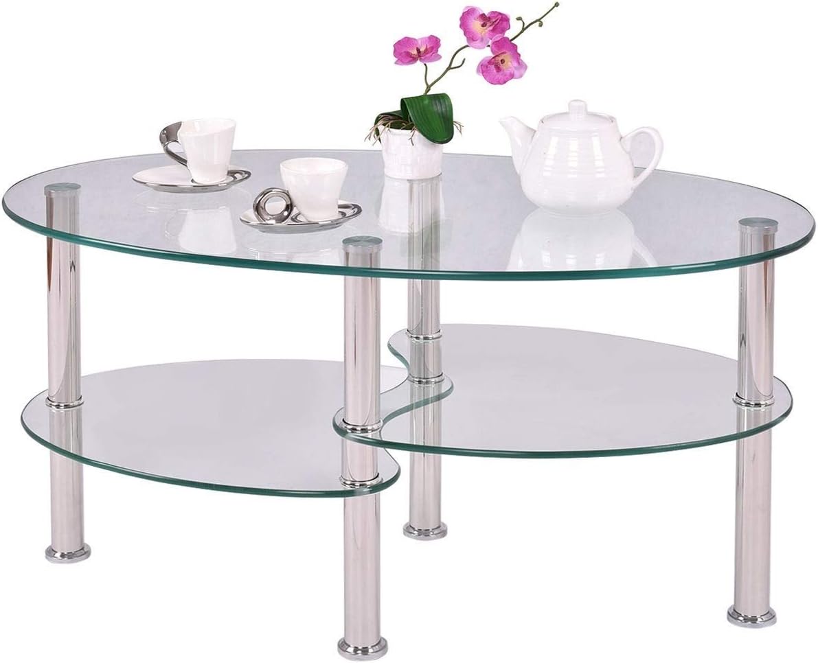 Oval Tempered Glass Coffee Table with Bottom Shelf H90638