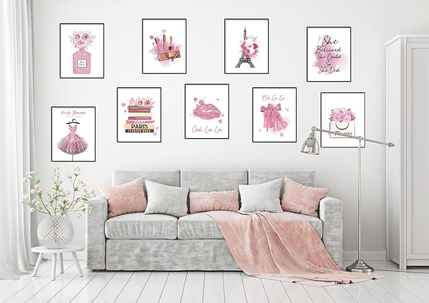 Pink Flower Perfume Fashion Paris Wall Art Prints Set of 9 Unframed L623913