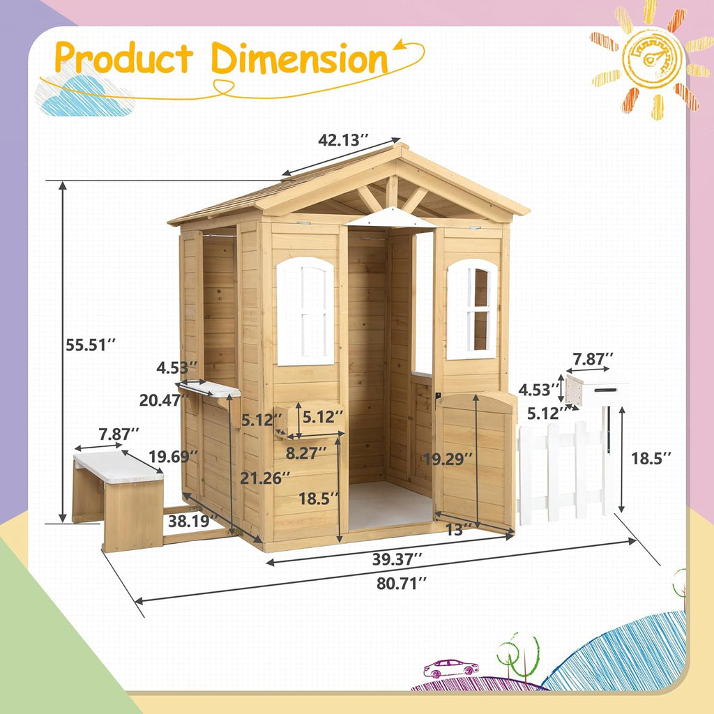 Wooden Playhouse with Door, Windows, Mailbox, Bench, Flowers Pot Holder, 39" x 38" x 55.5" N89446