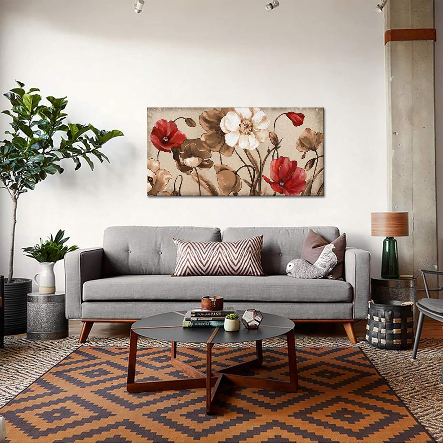Red and Brown Flowers Painting on Canvas Vintage Wall Art D2902