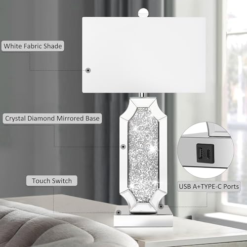 Set of 2 Dimmable Touch Silver Mirrored Bedside Table Lamps with USB Ports L1801