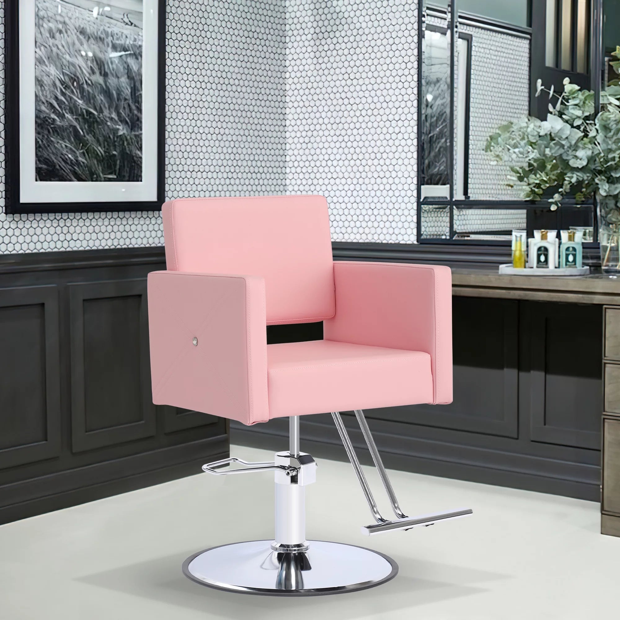 Pink Adjustable Salon Chair with Foot Rest Q519593