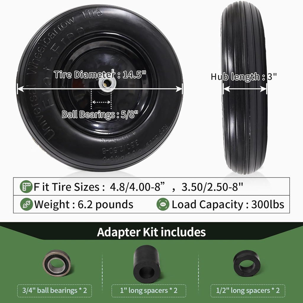Flat Free Solid Wheelbarrow Tire with 3/4 & 5/8 Wheel Bearing 3" Hub V146074
