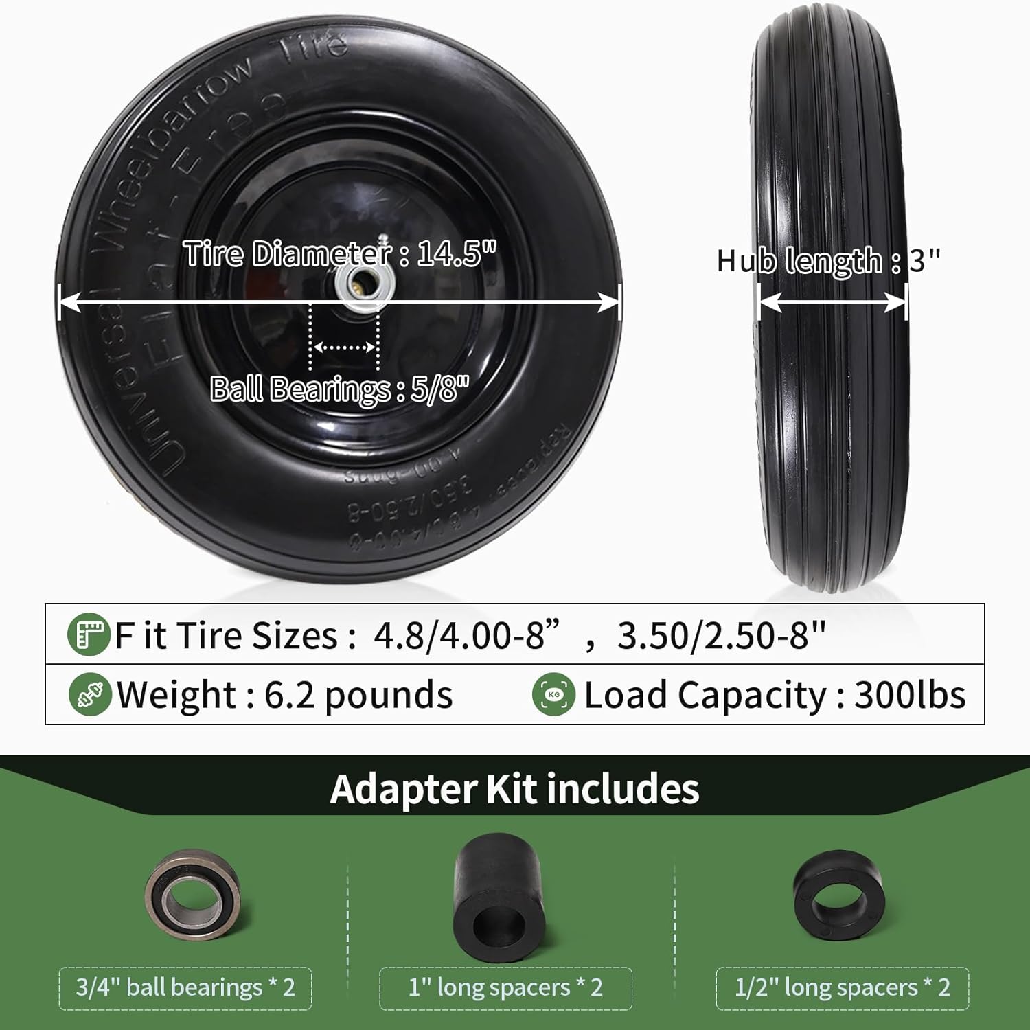 Flat Free Solid Wheelbarrow Tire with 3/4 & 5/8 Wheel Bearing 3" Hub V146074
