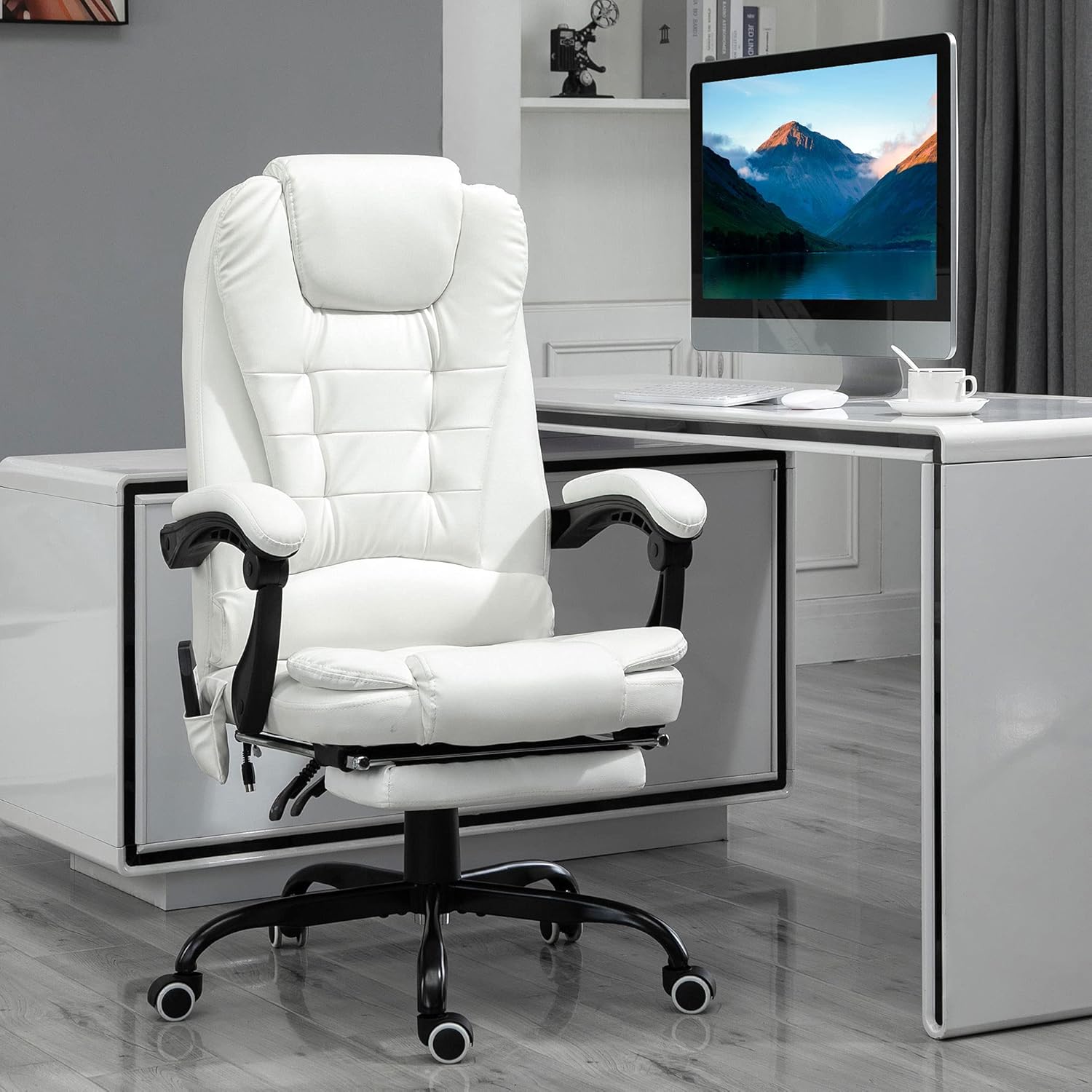White PU Leather High Back Reclining Office Chair with Massage Foot Rest Heated X1476