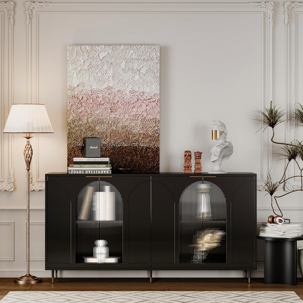 Black Lacquered Wood Buffet Cabinet with 4 Fluted Glass Doors and Metal Legs N3275