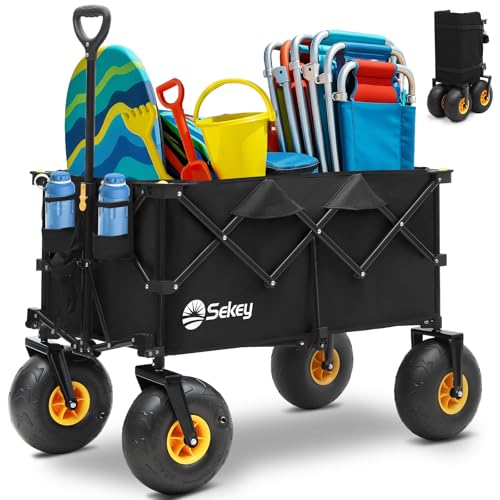 Heavy Duty Beach Wagon with 9" Big Sand-Proof Wheels, 440lb Capacity, Oversized Foldable Cart, Blue&White A6131