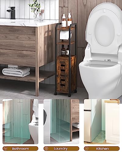 Black Bathroom Storage Cabinet with 4 Wheels and Adjustable Shelf W35497