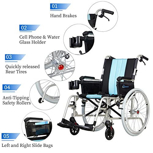 Silver 20" Wide Seat Foldable Magnesium Wheelchair with Travel Bag E5558