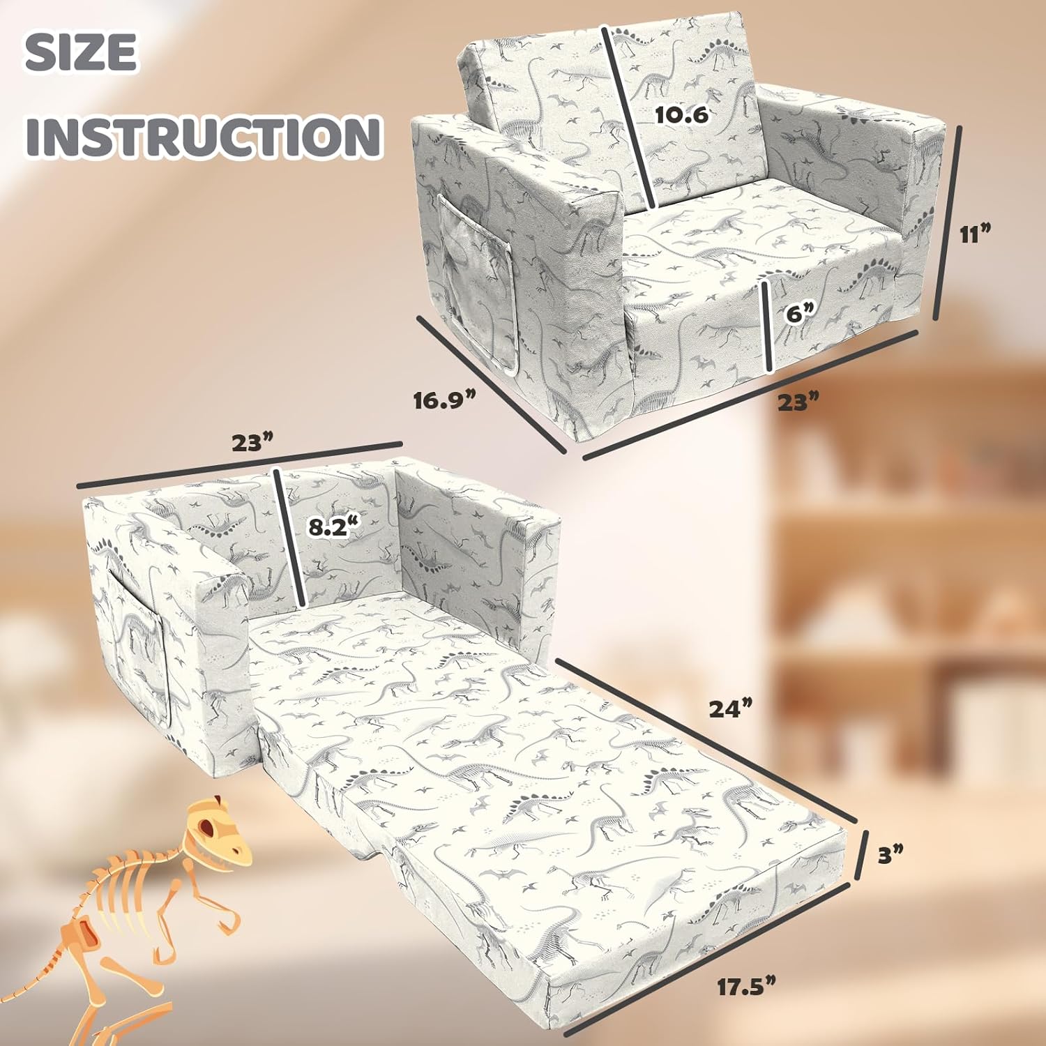 2 Seats Convertible Polyester Kids Sofa with Folding Sleeper S588581