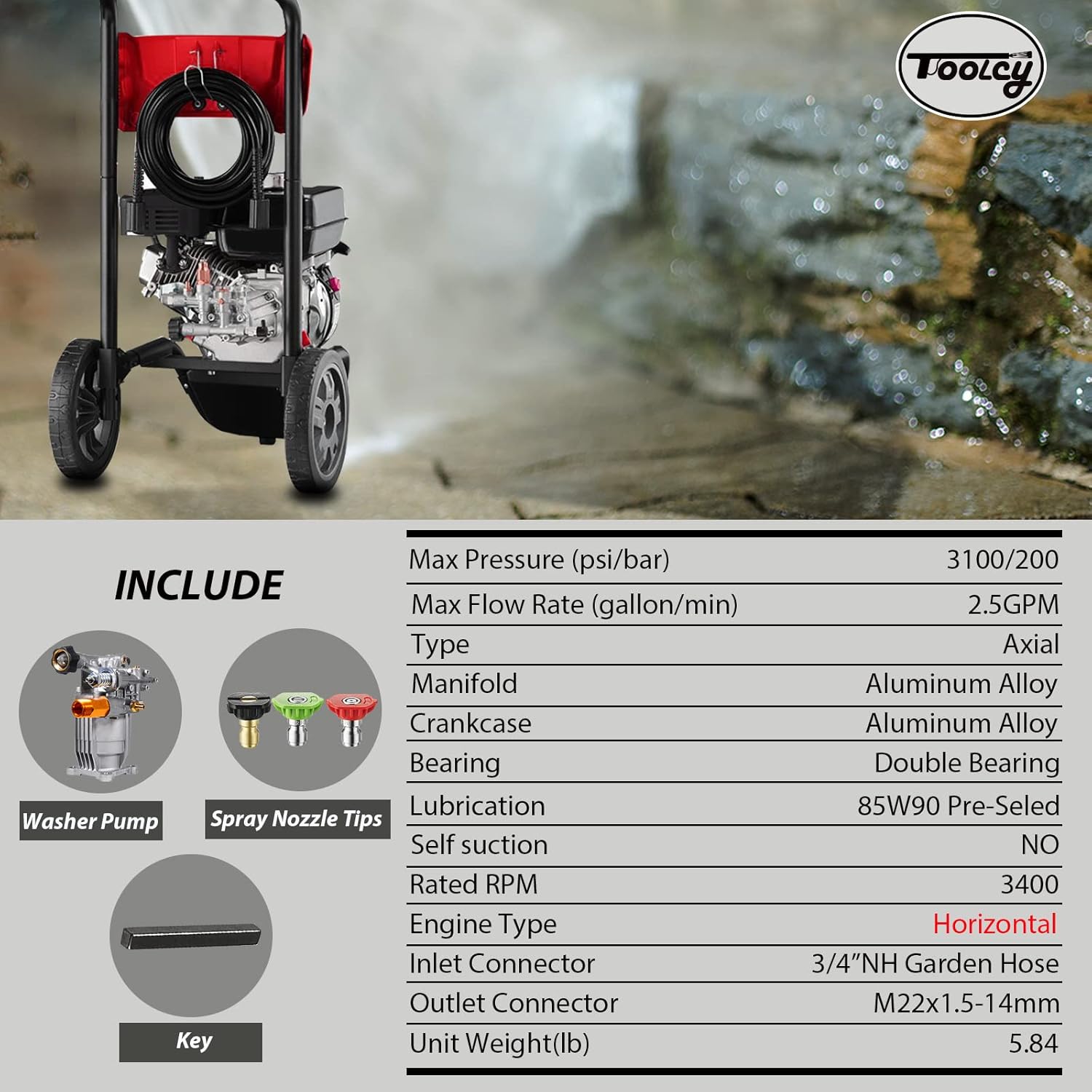 3/4" Shaft Horizontal Pressure Washer Pump, Max 3100 PSI @ 2.5 GPM T2224