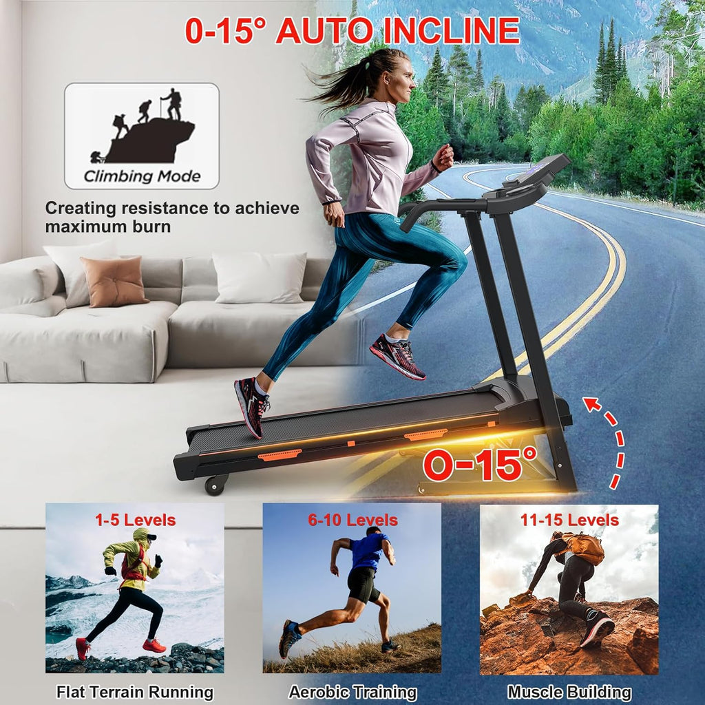 Folding Treadmill with 0-15% Auto Incline, 3.0 HP, 300LBS Weight Capacity E568