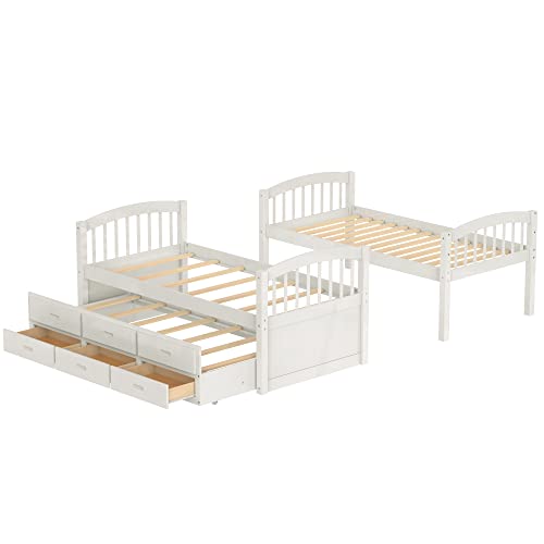 Twin Over Twin Bunk Bed with Storage Drawers and Trundle, Solid Wood (White) P60402