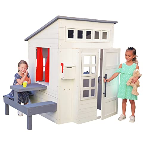 Modern Outdoor Wooden Playhouse with Picnic Table, Mailbox and Outdoor Grill L8324