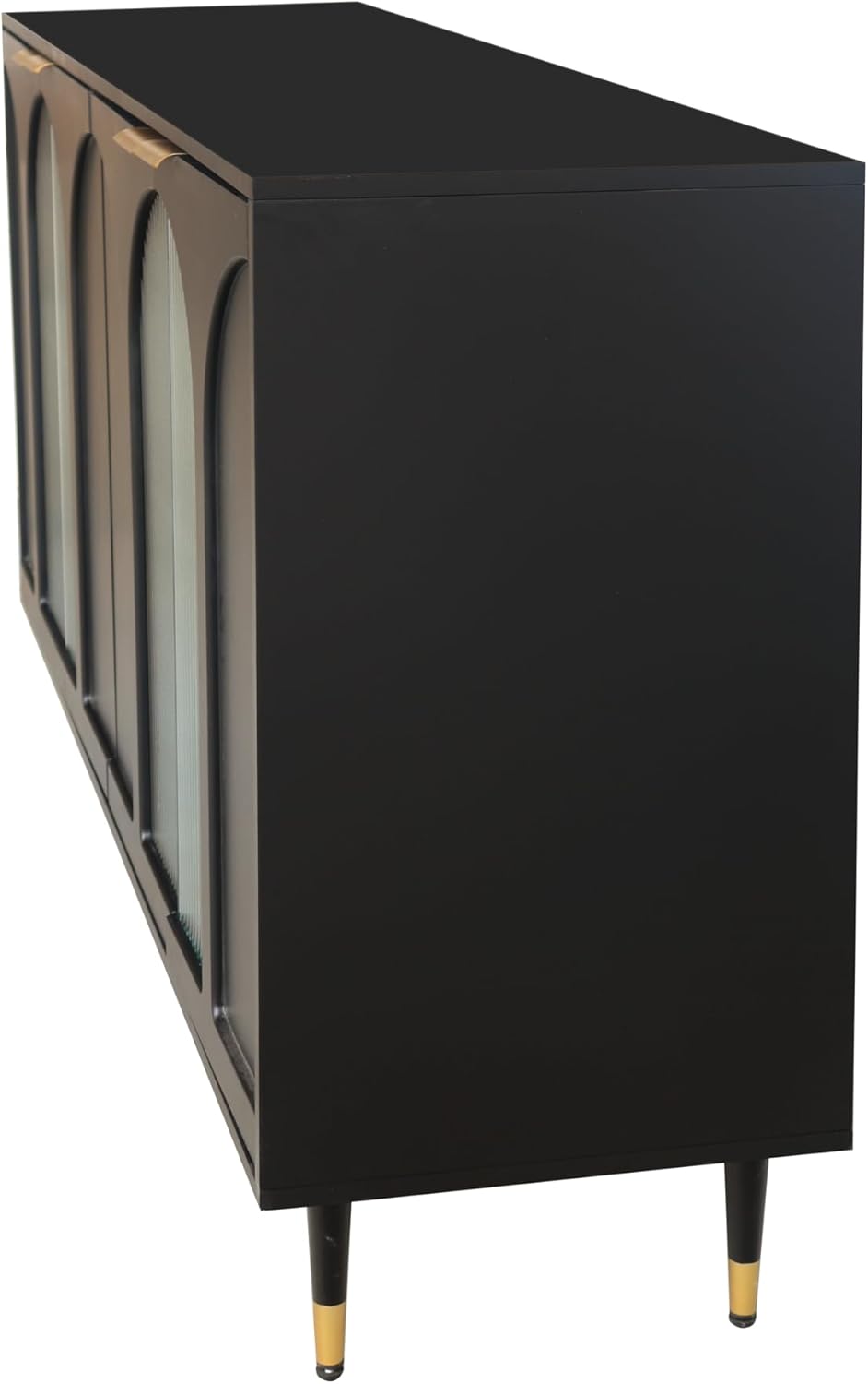 Black Lacquered Wood Buffet Cabinet with 4 Fluted Glass Doors and Metal Legs N3275