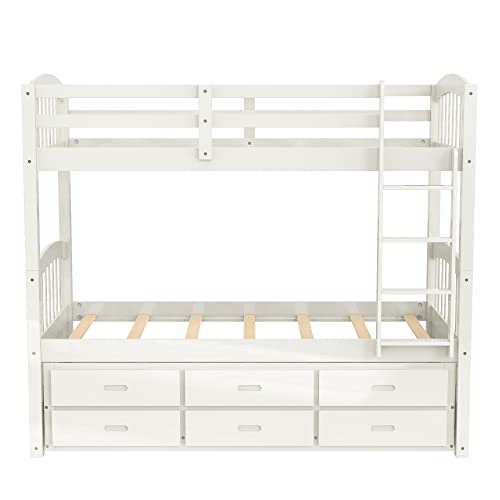 Twin Over Twin Bunk Bed with Storage Drawers and Trundle, Solid Wood (White) P60402