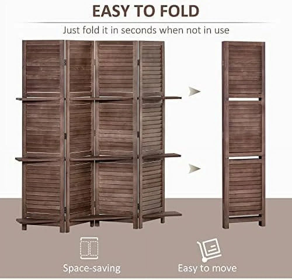 4-Panel Folding Room Divider 5.6 Ft Freestanding Paulownia Wood Privacy Screen Panel with Shelves Walnut P679