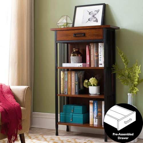 Rustic Bookcase with Drawer Storage, 12" D x 30" W x 50" H, Mission oak/matte black P6001