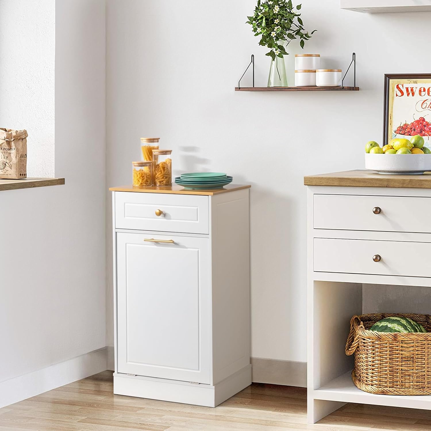 White Tilt Out Laundry Hamper Cabinet with Drawer K152510