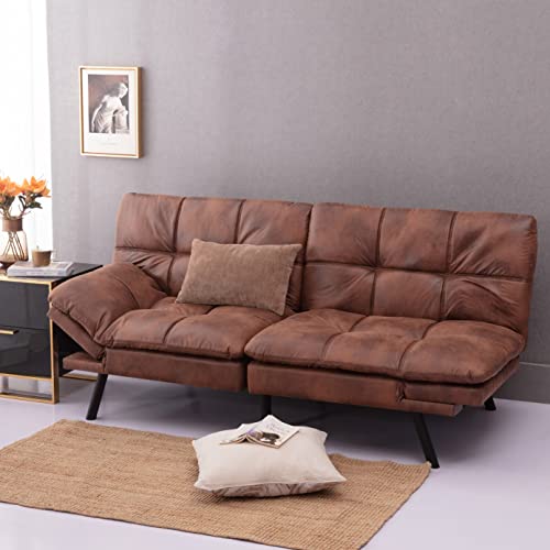 Brown PU Leather Memory Foam Convertible Futon Sofa Bed Y593407