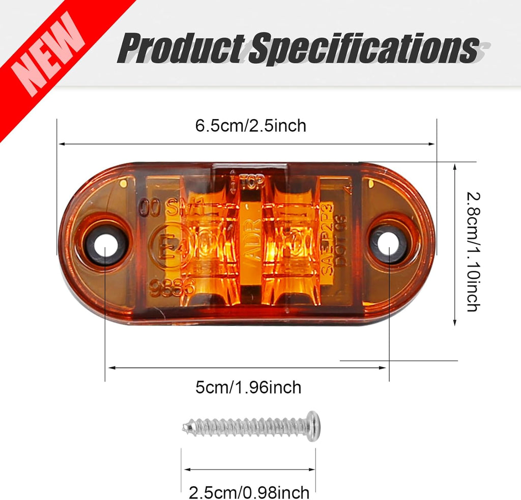 20Pcs 2.5 Inch 2 Diode Oval LED Trailer Marker Lights (Amber, Red) Q3841