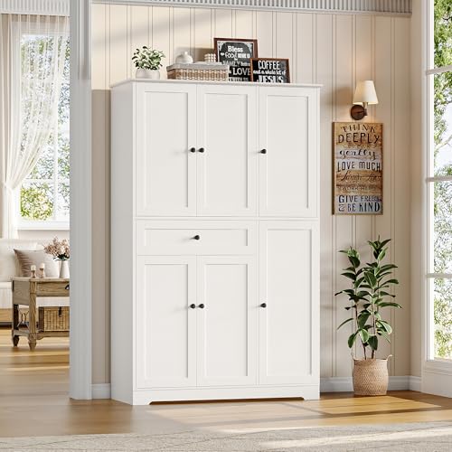 White Tall Kitchen Pantry Storage Cabinet with Doors and Shelves and Drawer H490315