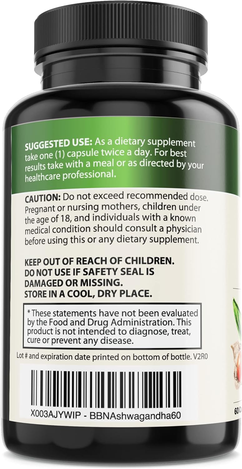 Pure Organic Ashwagandha Powder Supplement, 60 Vegan Capsules W40337
