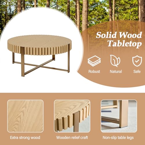 31.5'' Round Solid Wood Coffee Table with Stainless Steel Gold Legs T390