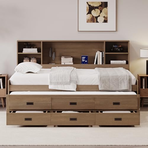 Full Size White Solid Wood Storage Daybed with Trundle Drawers Bookcase M61460