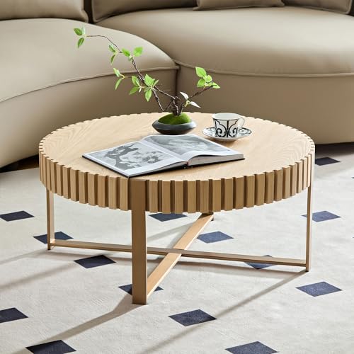 31.5'' Round Solid Wood Coffee Table with Stainless Steel Gold Legs T390