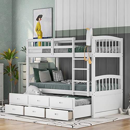 Twin Over Twin Bunk Bed with Storage Drawers and Trundle, Solid Wood (White) P60402