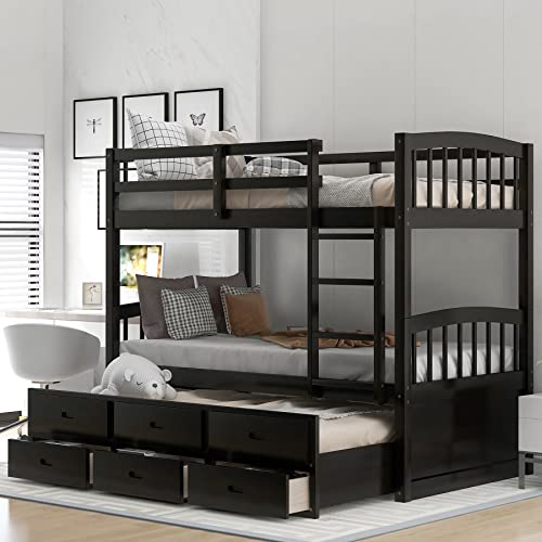Twin Over Twin Bunk Bed with Storage Drawers and Trundle, Solid Wood (White) P60402
