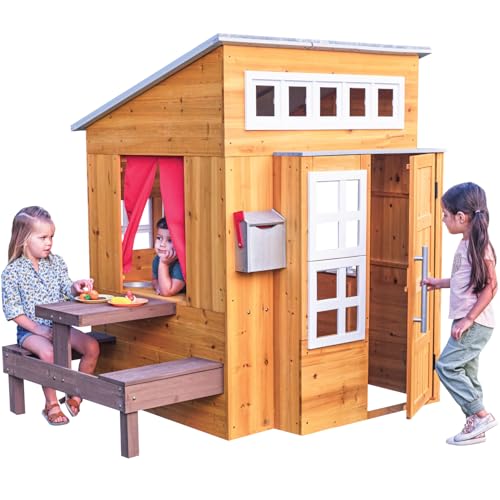 Modern Outdoor Wooden Playhouse with Picnic Table, Mailbox and Outdoor Grill L8324